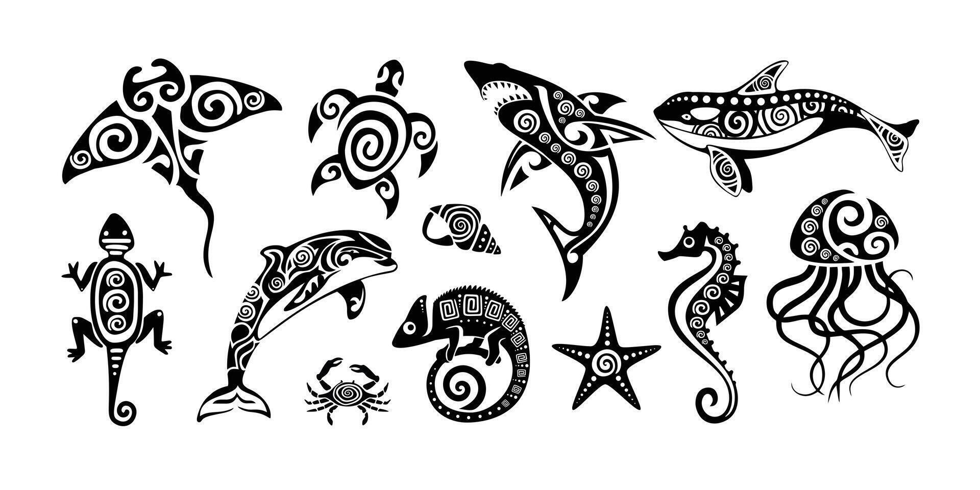 Polynesian tribal animal tattoos. Maori style ocean creatures as stingray, sea turtle, shark, whale, dolphin, crab, starfish, seahorse and jellyfish. Lizard ethnic ink art set vector