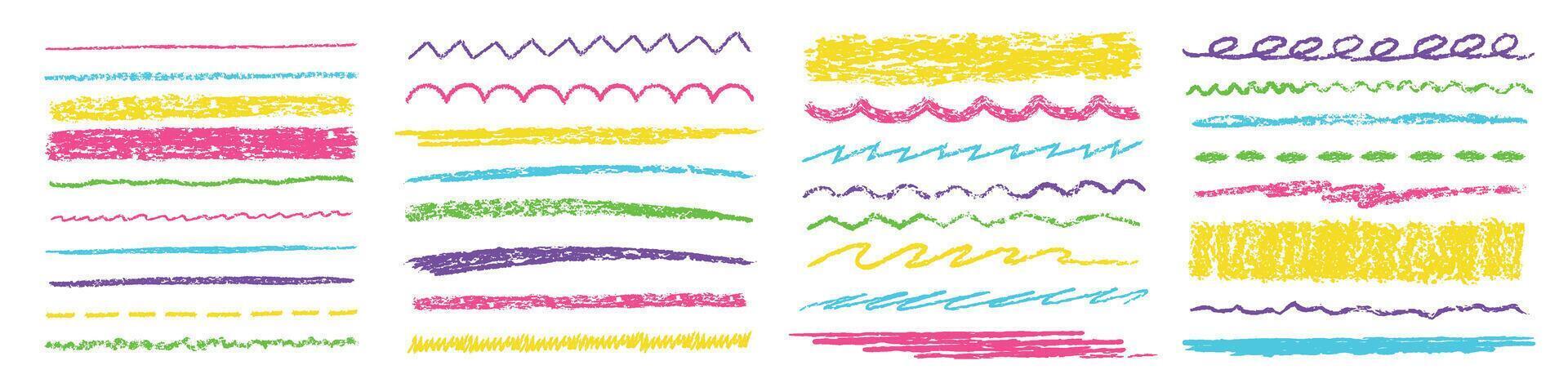 Crayon lines and strokes. Scrawl separator, chalk textured stroke, scribble line divider and hand drawn squiggle border. Straight, curly, wavy and zigzag underline set vector