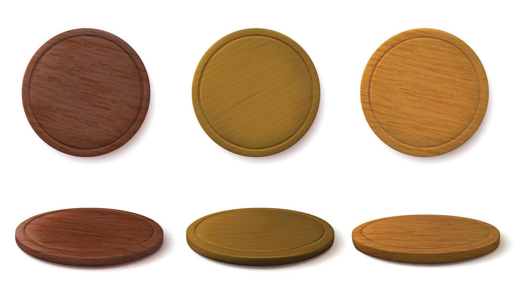 Wooden pizza boards. Round chopping board, pizza serving platter and empty circle wood tray 3D side and top views, kitchen tableware with realistic wooden texture, isolated mockup set vector