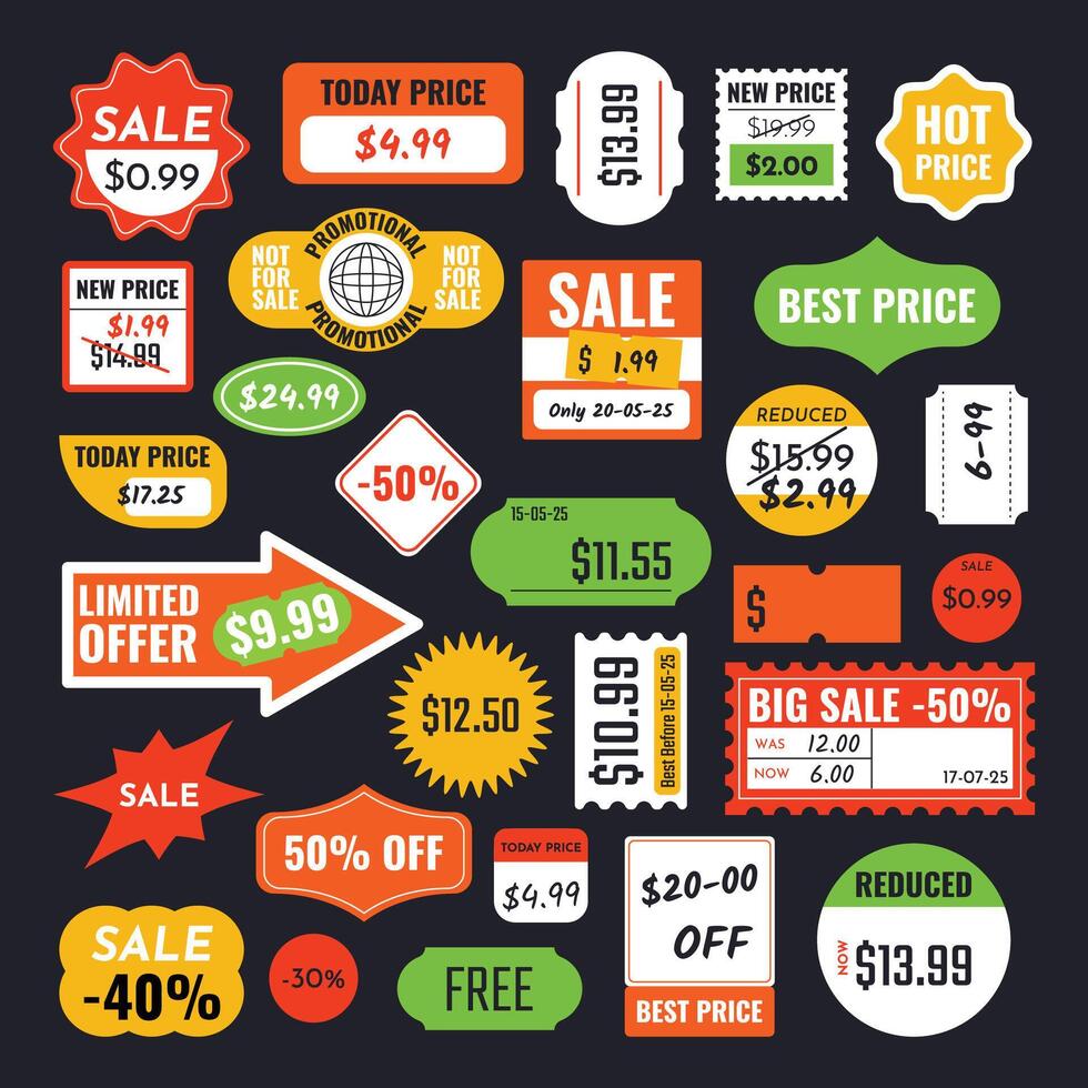 Price tag templates. Retro sale labels, starburst shape discount, today price frame, limited offer and sticky paper promotion tags. Hot, best and new price badges design elements set vector