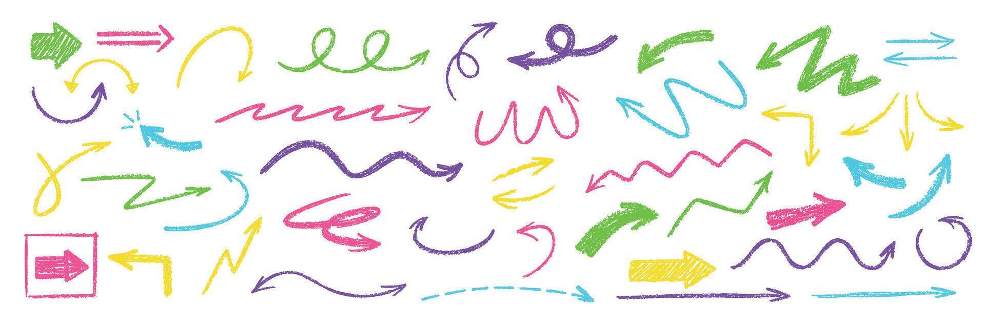 Crayon doodle arrows. Chalk textured pointer, hand drawn squiggle, curly, wavy and zigzag arrow lines. Swirl cursor, dashed guide line and sketch direction pointers set vector