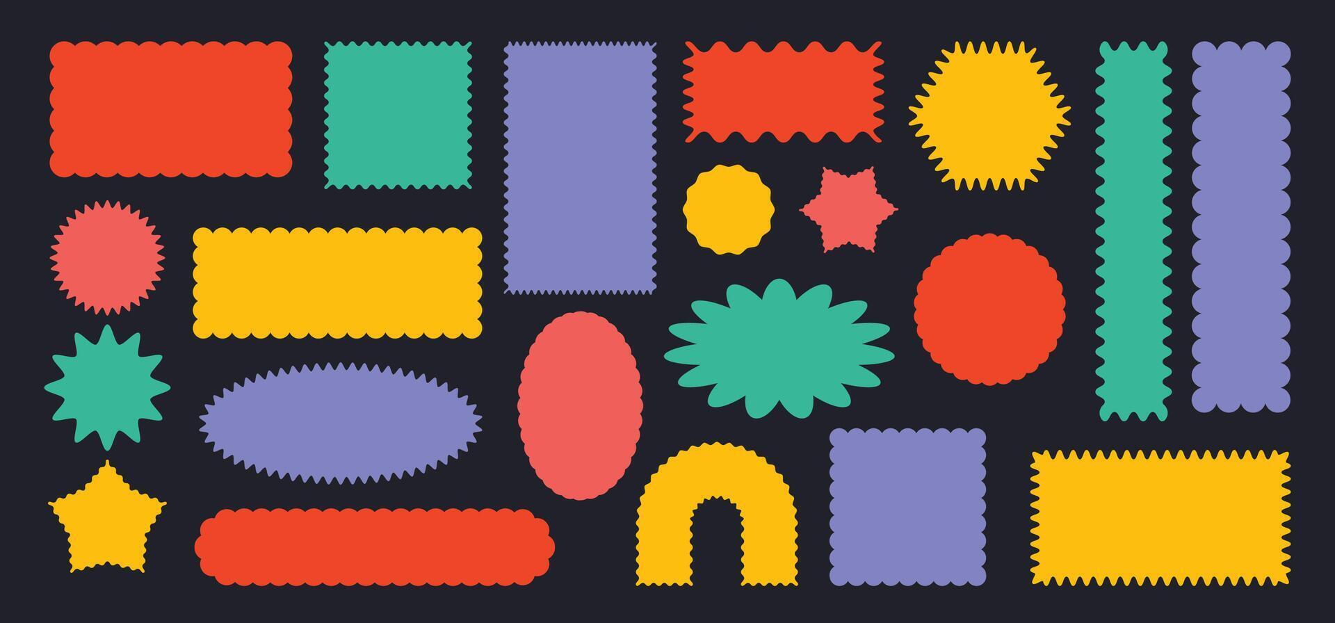 Abstract scalloped shapes. Squiggle sticker frames, jagged price tag, blank label with wavy edges. Wavy border text box, postage stamp and starburst shape. Geometric forms design elements set vector