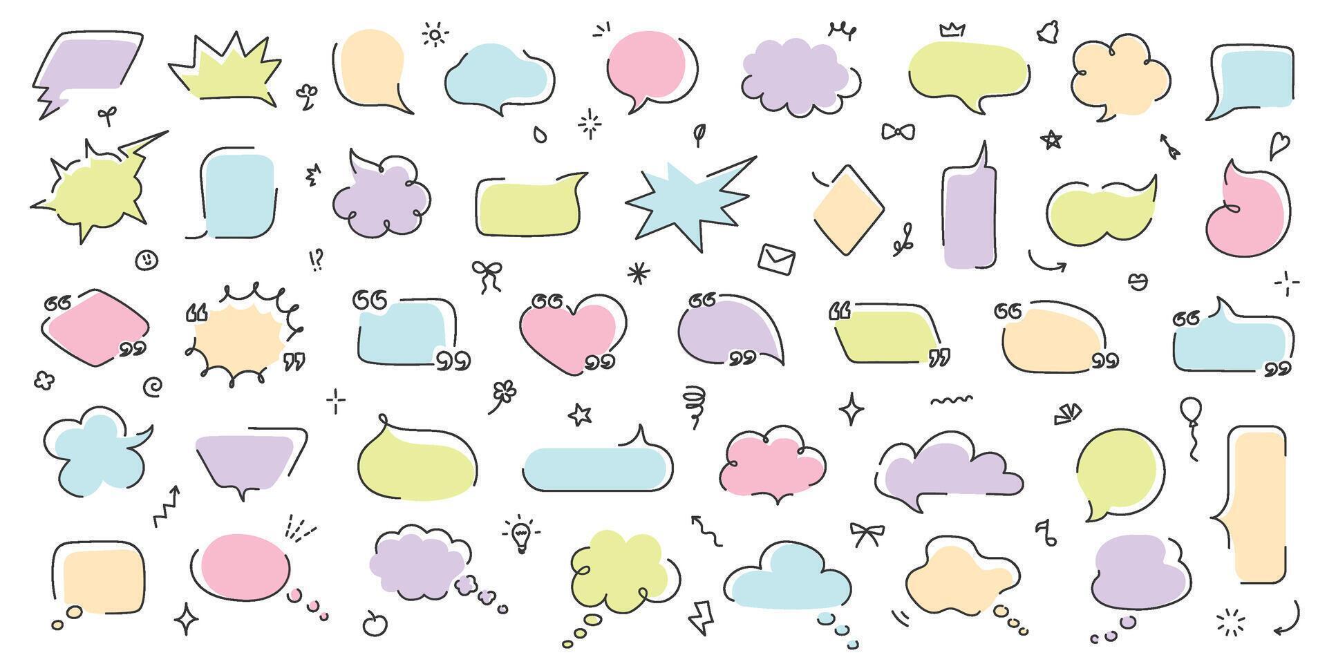 Loose line speech bubbles. Quote boxes, thought bubble, thinking text clouds and doodle message frame shapes. Blank quotation templates, cute hand drawn set vector