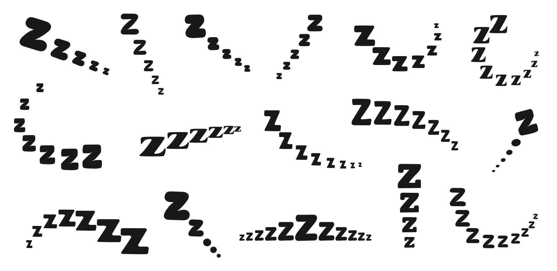 Zzz snore effect. Sleep sound symbols, napping Z letters for bedtime, dozing and tiredness cartoon visualisation. Comic text signs of dream, relax and nap, sleeping lettering set vector