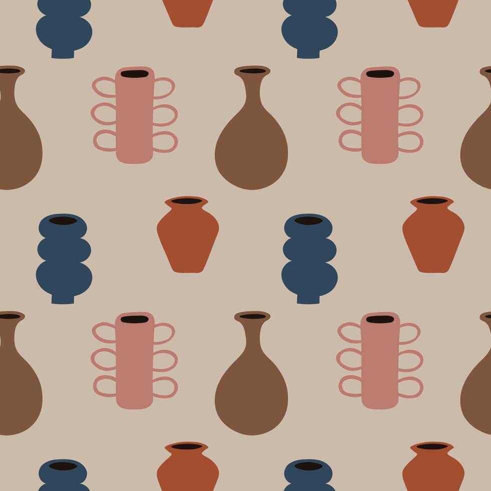 Seamless pattern with Ceramic Vases and terracotta pots. Repeating background with different Pottery Clay Jar in flat style. Hand Drawn Illustration for hobby, crockery, decor, design, textile vector