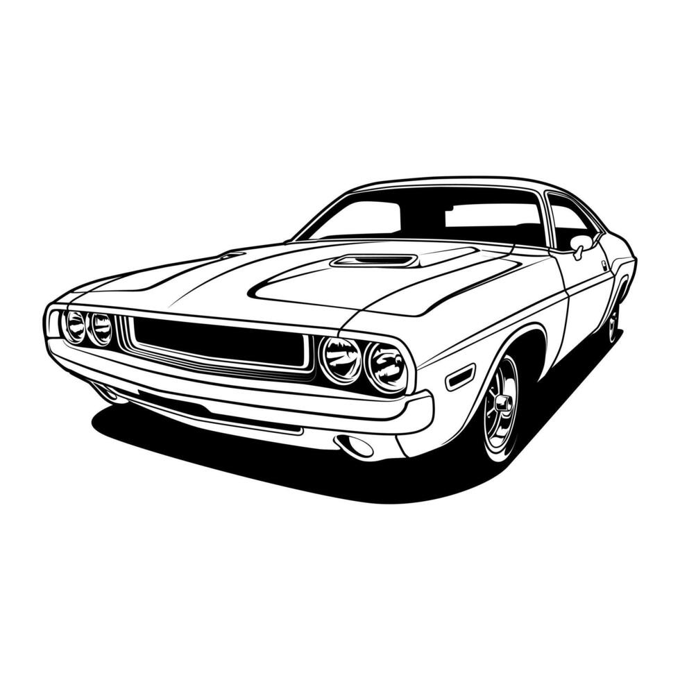 A black and white drawing of a muscle car vector
