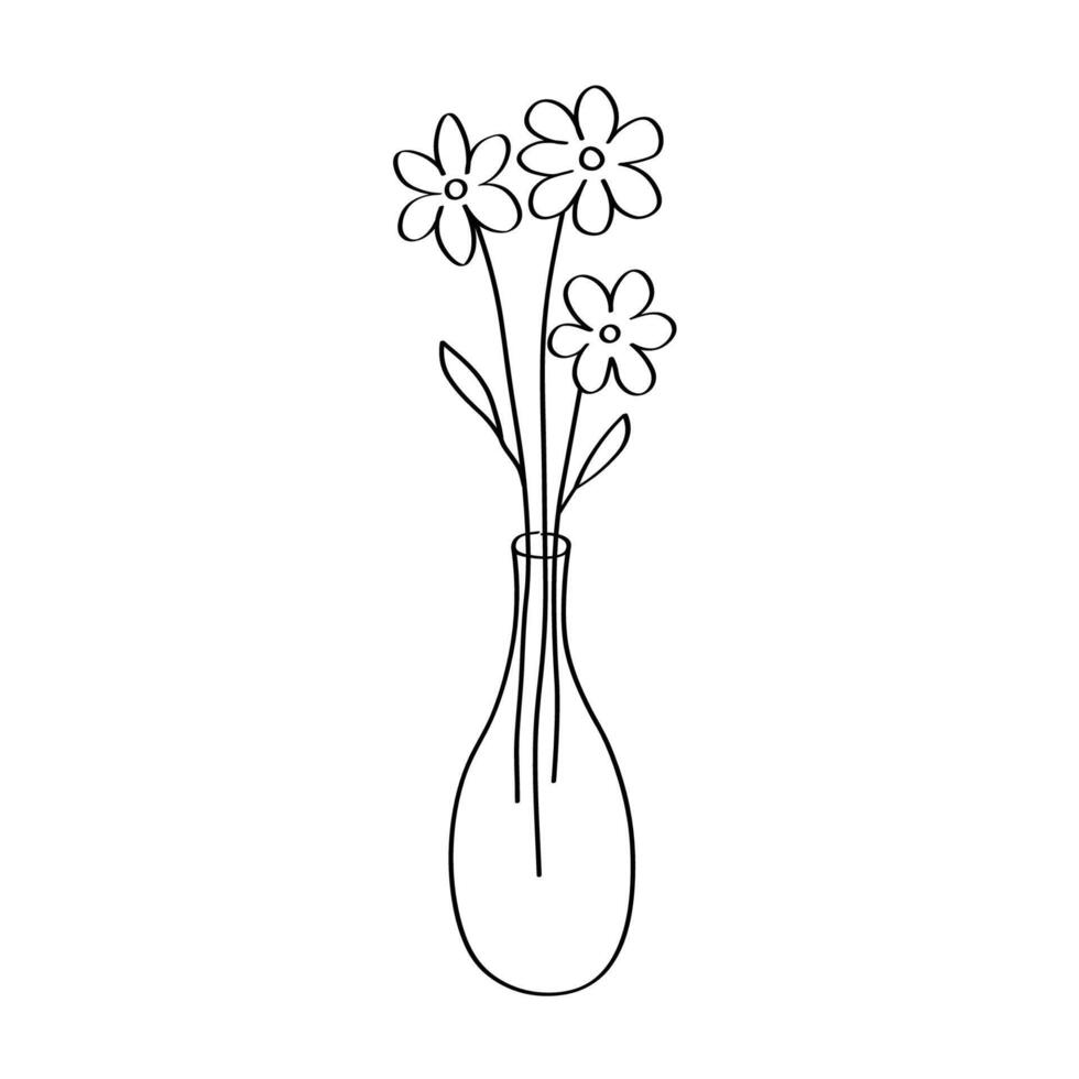Sketch with Bouquet of flowers in vase. Hand drawn festive illustration on isolated background. Doodle with bloom daisies in simple line art style. Design for print, paper, card, flyer, poster vector