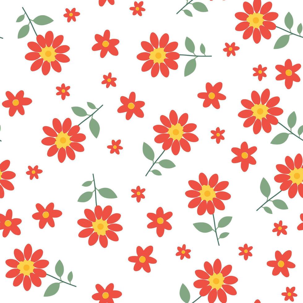 Red and yellow daisies, green leaves on a white background. flower seamless pattern illustration, doodle summer. vector