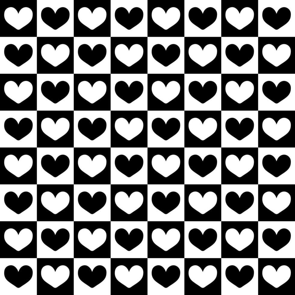 Black and white heart pattern, a grid of hearts in squares, heart seamless pattern illustration, doodle summer, kids and baby designs for print fabric. vector
