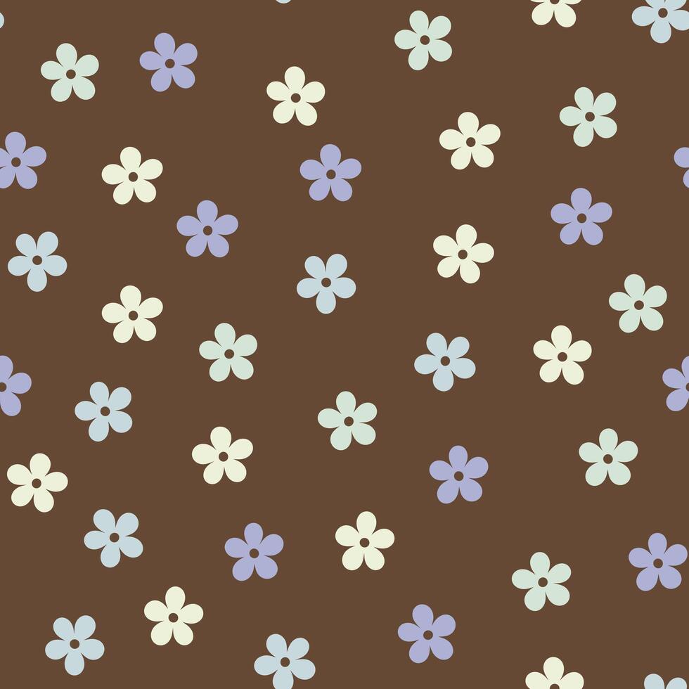 Small flowers on a brown background with white and lavender accents. flower seamless pattern illustration, doodle summer. vector
