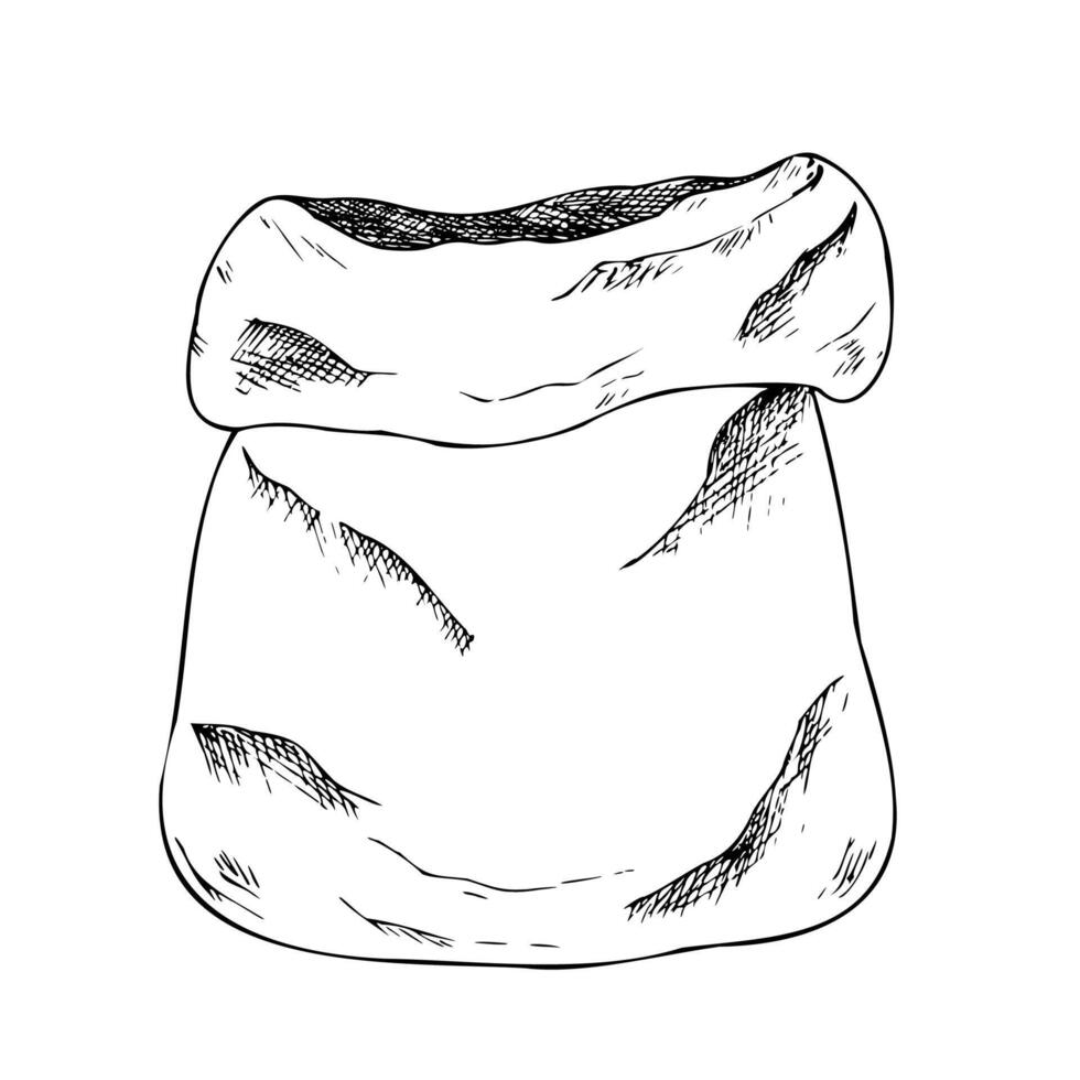 craft paper bag for food or delivery. Graphic ink lunch bag illustration isolated on background. Hand drawn line sketch. For designers, prints, logo, icon, menu, postcards, holiday, covers vector