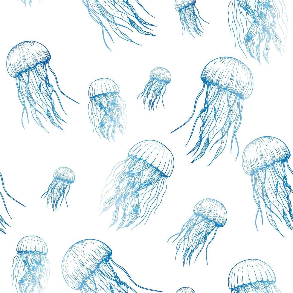 Seamless pattern with beautiful jellyfish. Hand painted sketch. Graphic clip art isolated on background. Underwater illustration. For designers, invitations, decoration, postcards, wrapping vector