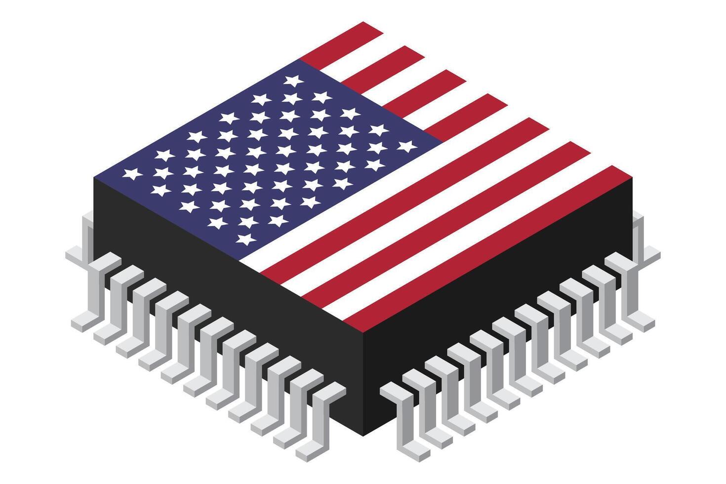 Microchip computer electronic component with USA flag. Microchip icon. Isometric microchip. Computer processor technology, Microprocessor, vector