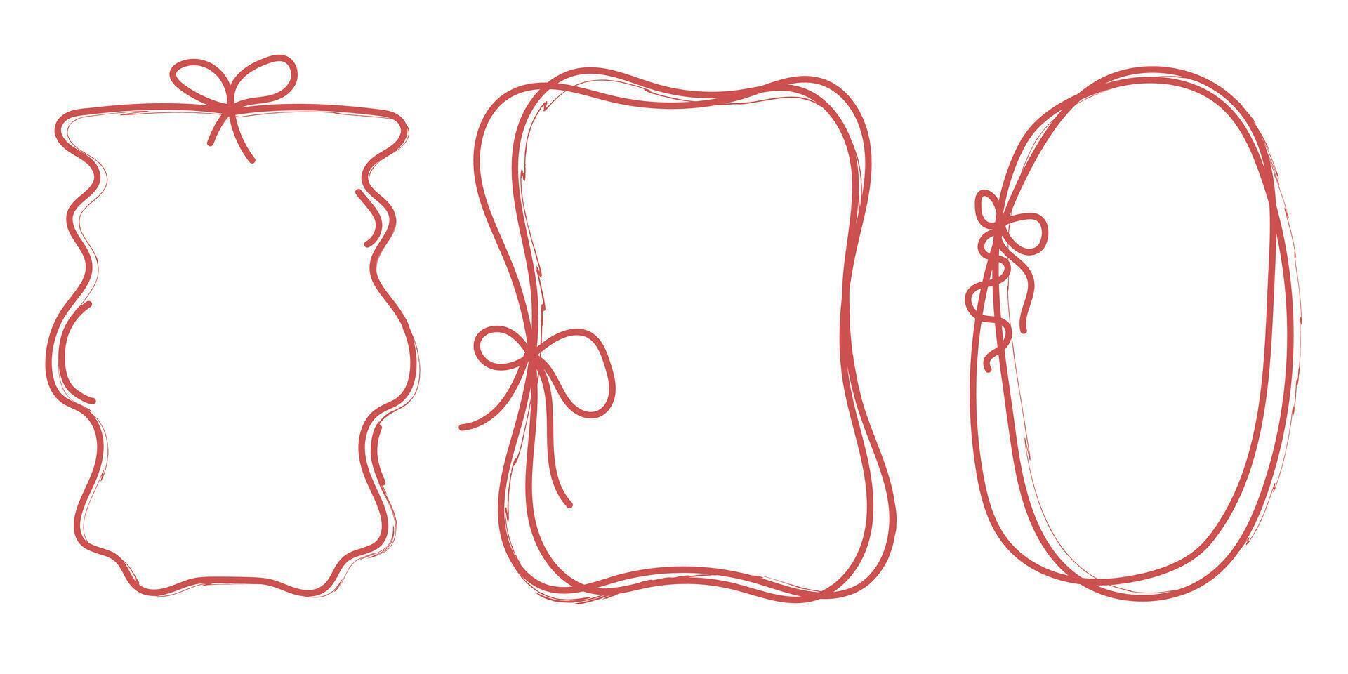 Set collection of red hand drawn vintage whimsical coquette bow frames borders wavy ribbon vector