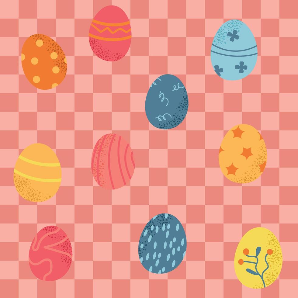 Happy Easter day spring seamless checkered pattern background with simple elements painted eggs vector