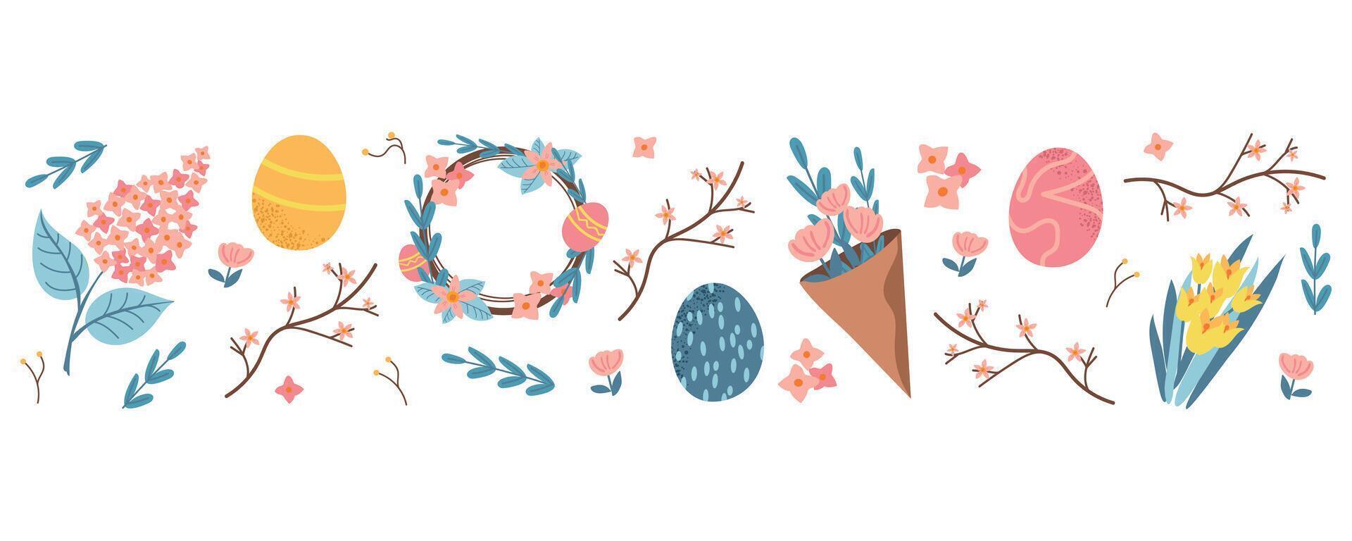 Happy Easter day spring border banner with easter elements painted eggs, spring plant and flowers vector