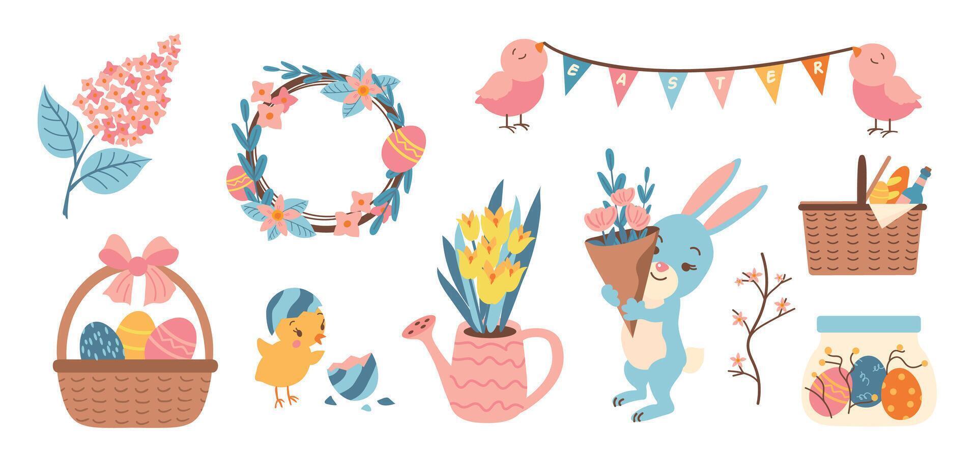 Spring Easter elements clipart collection set. Easter bunny and birds, flowers and eggs for spring holiday decorations and packaging vector