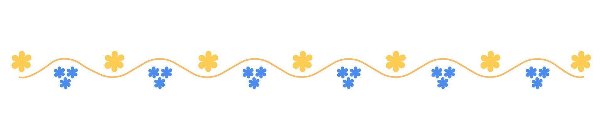 Blue and yellow flowers, curly line doodle style hand drawn divider, simple lineart illustration, decorative romantic horizontal border, design element for book, card, invitation vector