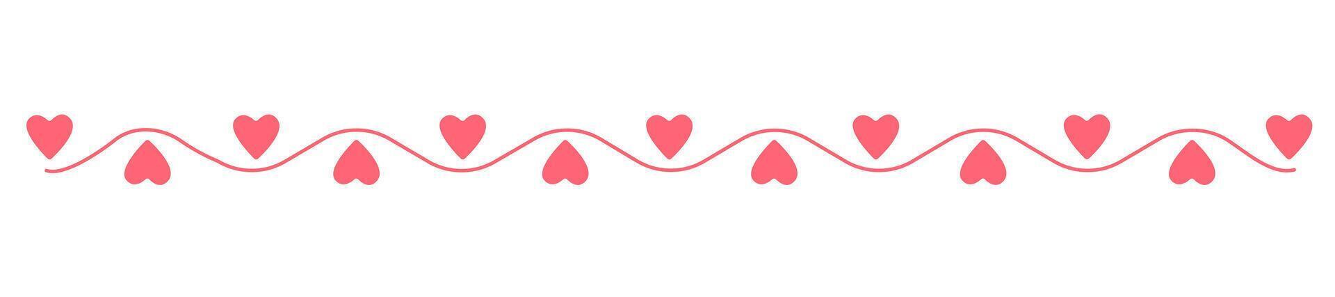 Hearts and curly line doodle style hand drawn divider, simple lineart illustration, decorative romantic horizontal border, design element for book, card, invitation vector