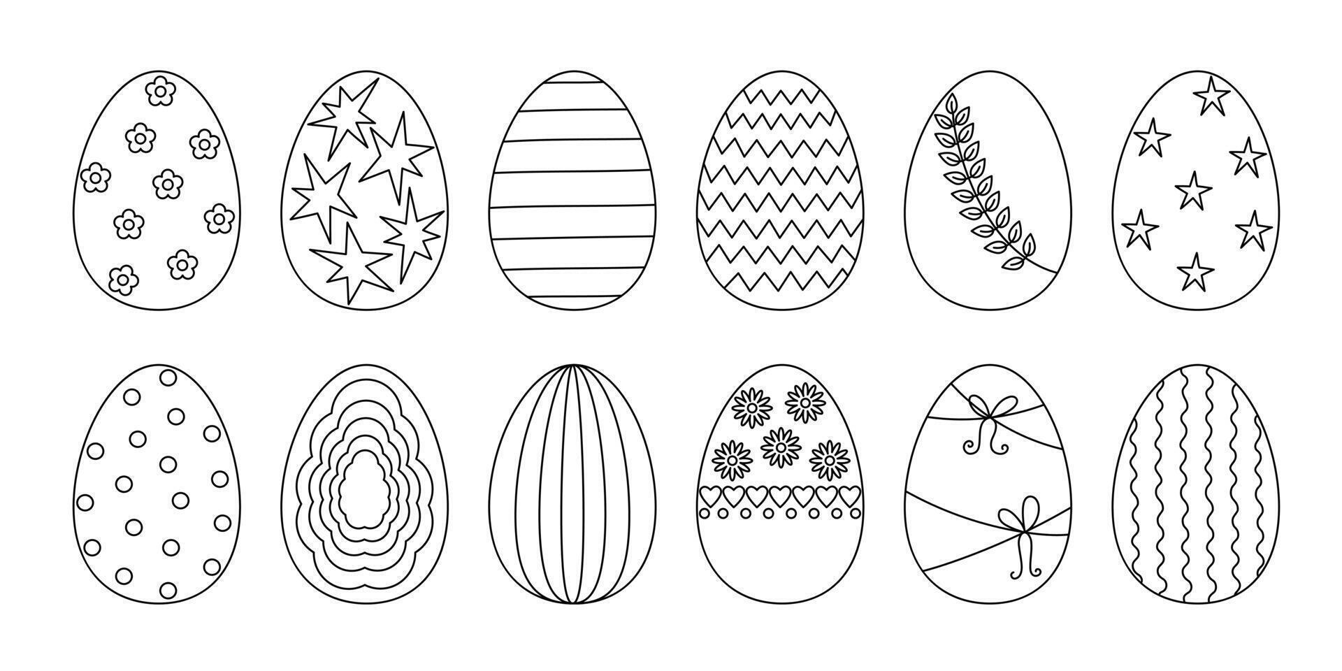 Easter outline decorated eggs set in simple doodle illustration for spring festive time decor, coloring page, greeting cards, invitations, banners, activities for children vector