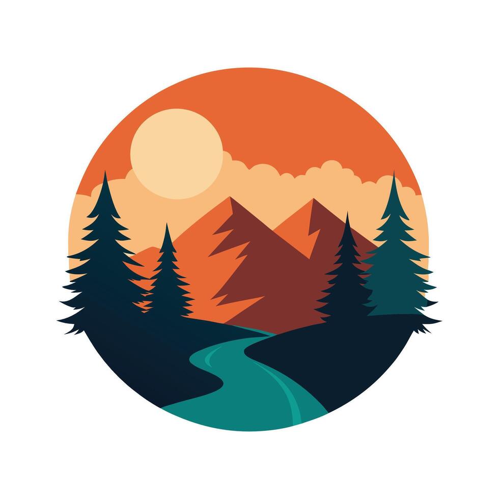 Scenic Mountain Landscape with Sunset and Trees in Circular Artistic Retro Style-t shirt design vector
