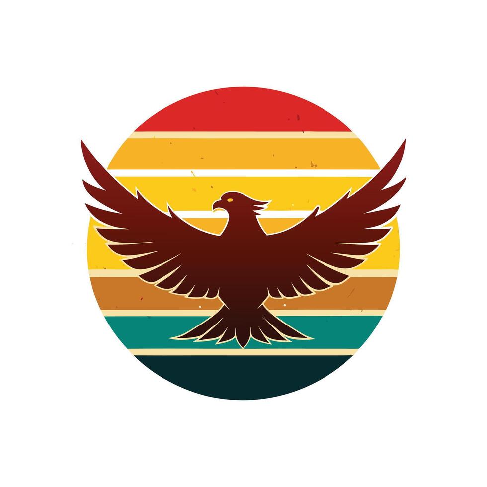 Majestic Eagle Flying Against a Retro Sunset in Circular Silhouette Design for Wildlife and Freedom Art vector