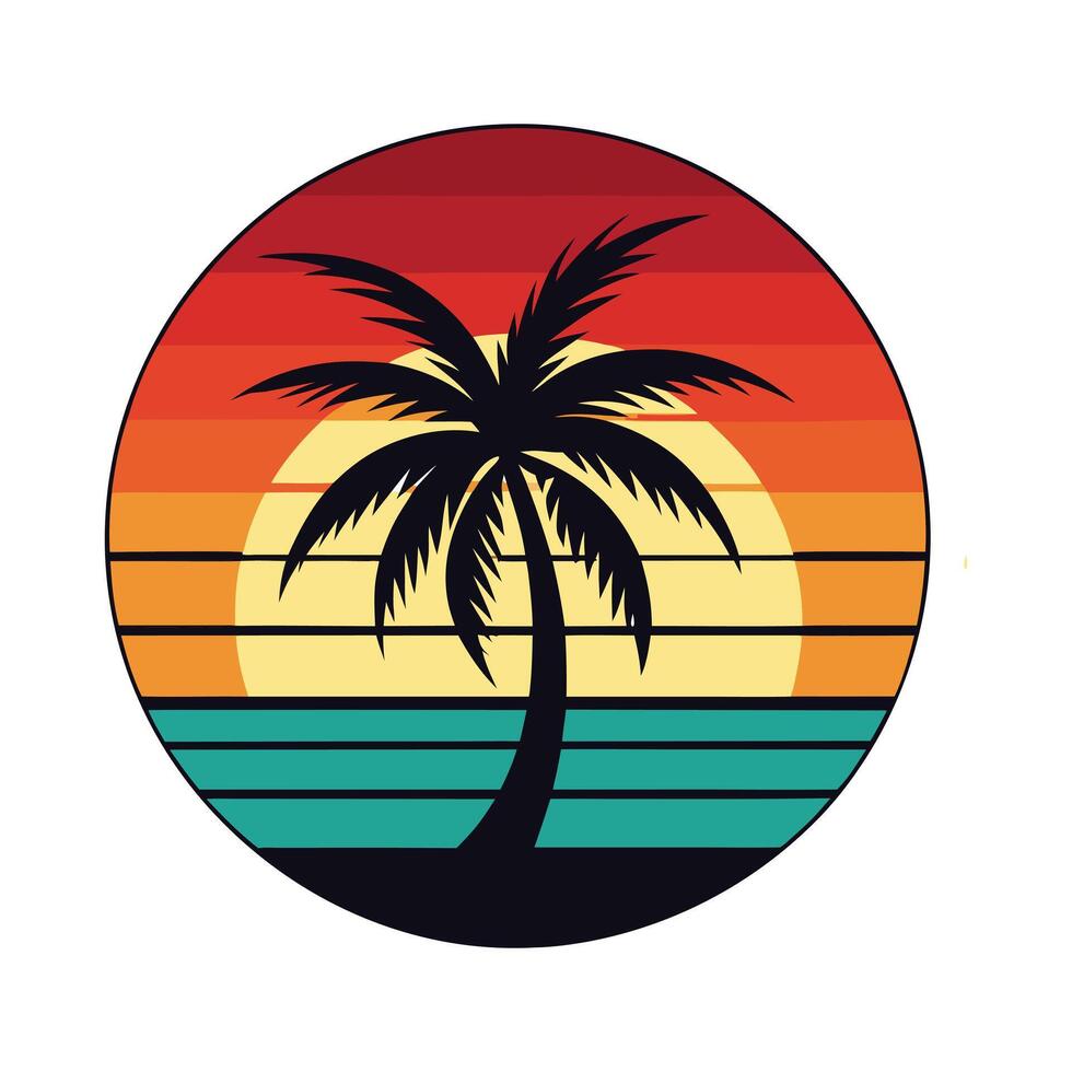Tropical Beach Sunset with Palm Trees Silhouette in Retro Circle Design for Summer and Vacation Themes-t shirt design vector