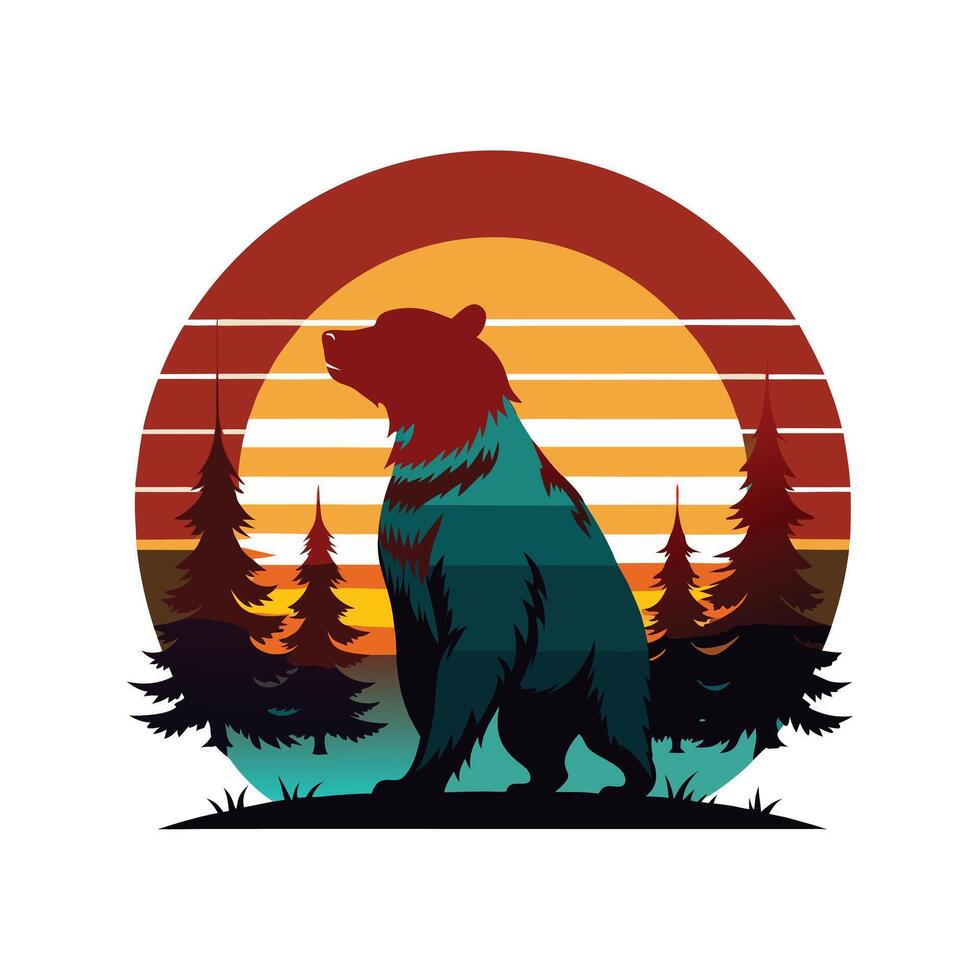 Majestic Bear Silhouette in a Forest with a Retro Sunset Background for Wildlife and Nature Art vector