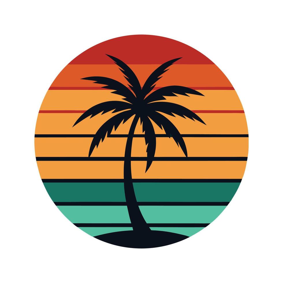 Tropical Beach Sunset with Palm Trees Silhouette in Retro Circle Design for Summer and Vacation Themes vector