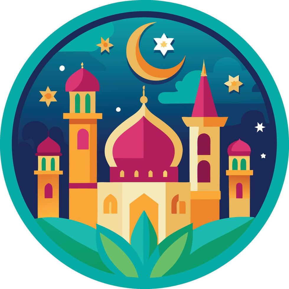 Beautiful Ramadan Mosque Illustration with Crescent Moon and Lanterns Perfect for Eid Designs vector