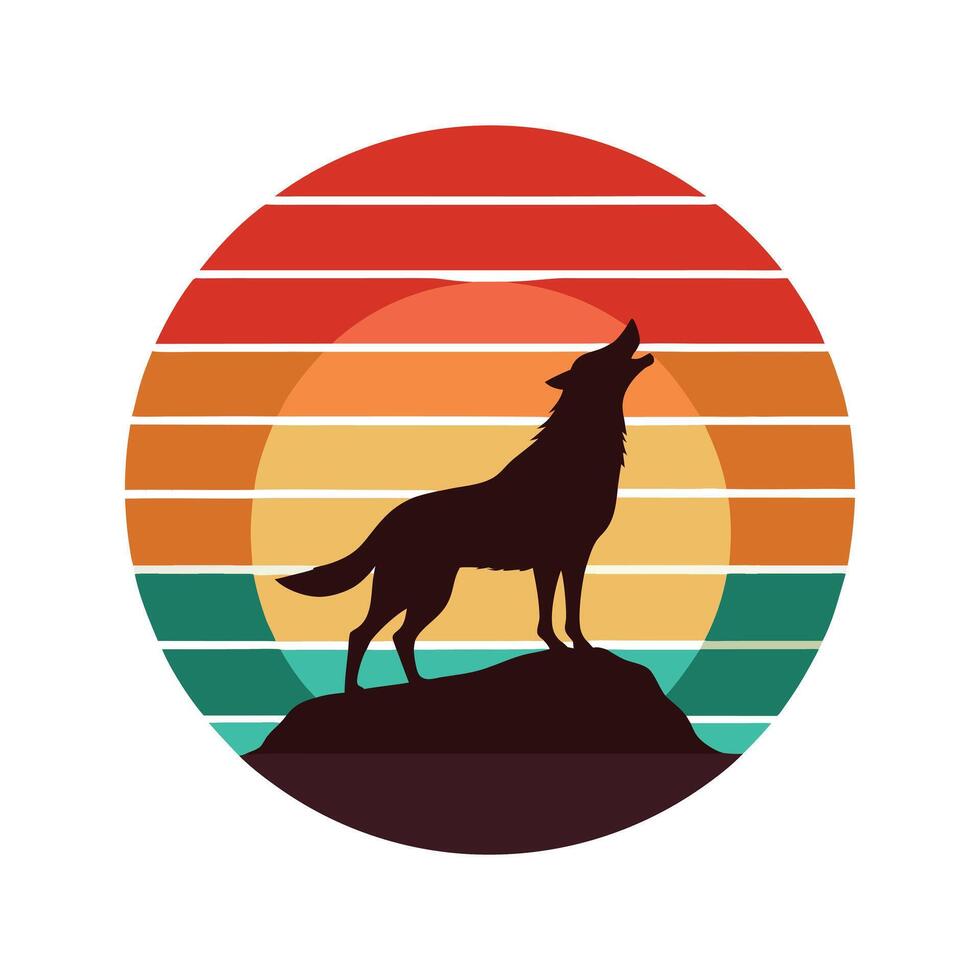 Retro Wildlife Sunset with wolf and Mountain Silhouette for Nature and Outdoor-Themed Art, t shirt design vector