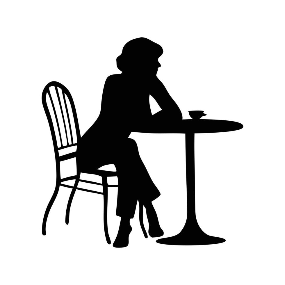 Silhouette of a Woman Sitting at a Cafe Table and Drinking Coffee vector