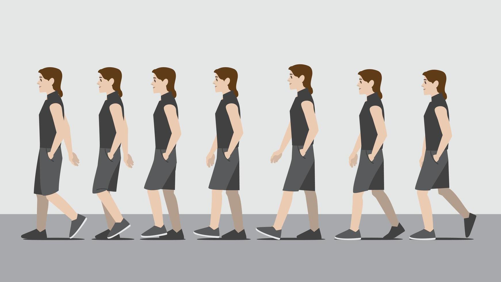 Animation of a woman in dark shirt and skirt with one hand in pocket walking in side view showing the step cycle sequence vector