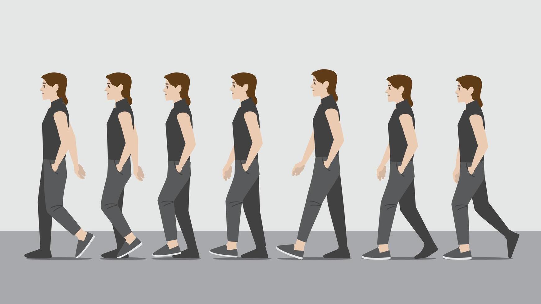 Animation of a woman in dark shirt and pants with one hand in pocket walking in side view showing the step cycle sequence vector