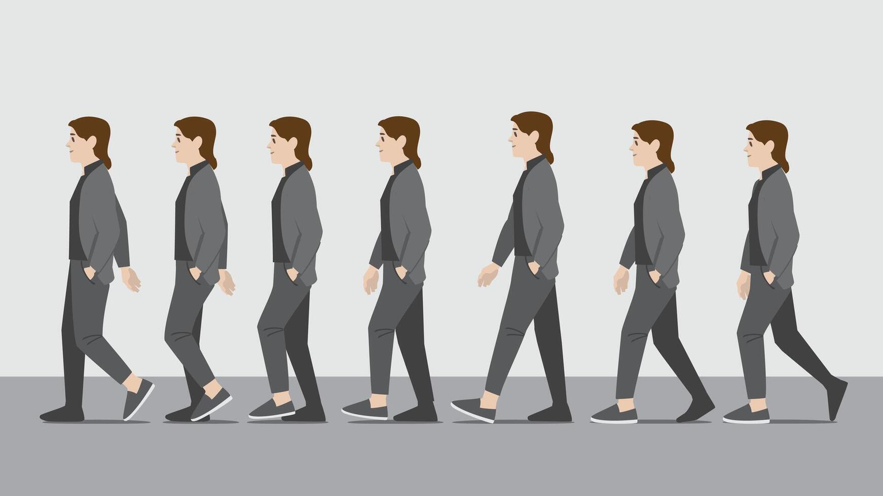 Animation of a woman in grey jacket and pants with one hand in pocket walking in side view showing the step cycle sequence vector