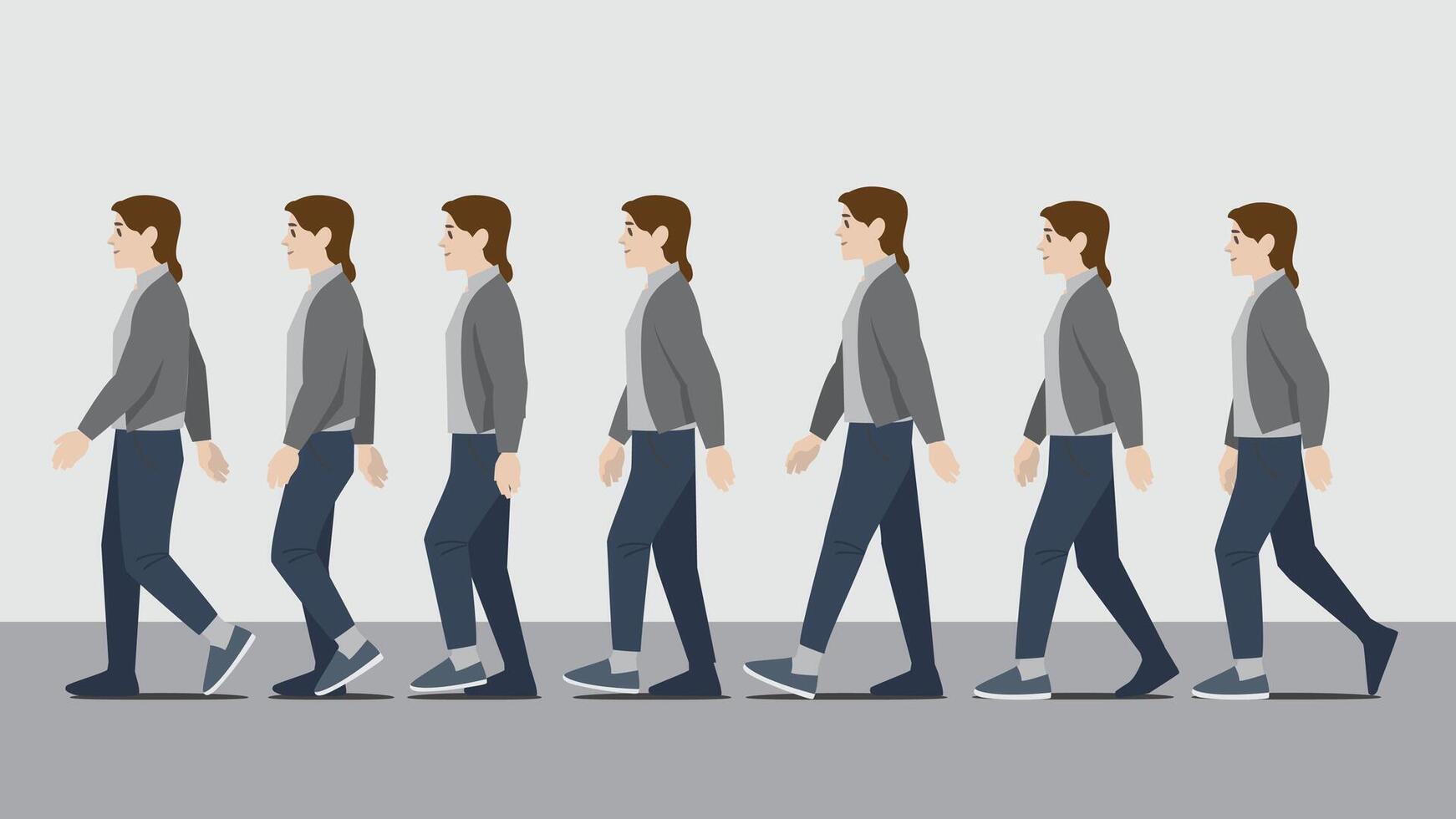 Animation of a woman in grey jacket and pants with hands walking in side view showing the step cycle sequence vector