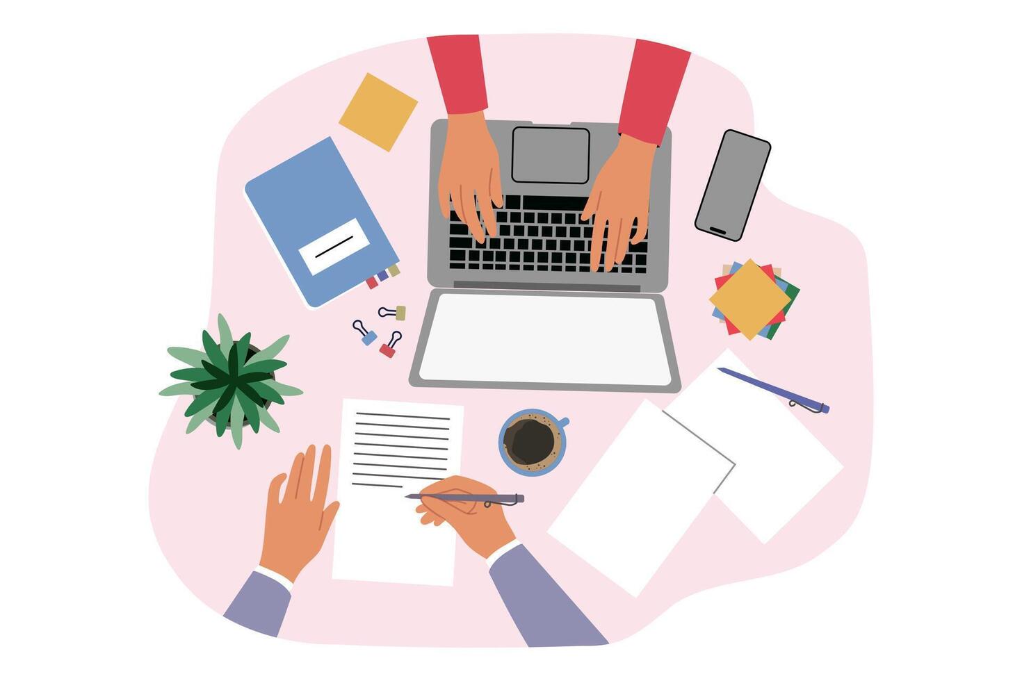 Hands of business people working in office at one table, typing on laptop and signing documents vector