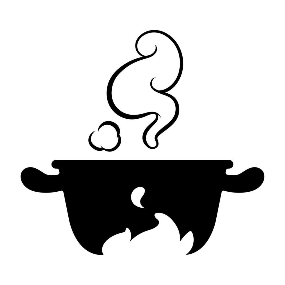 Black graphic of soup pot and fire vector