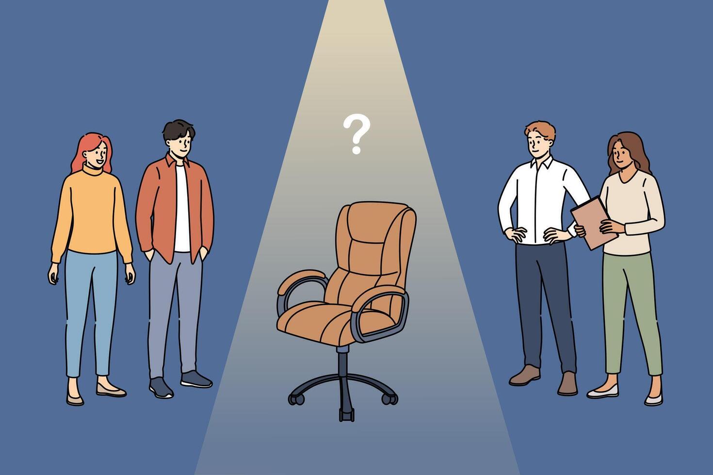 Potential candidates for vacancy stand near empty office chair, for personnel recruiting concept vector