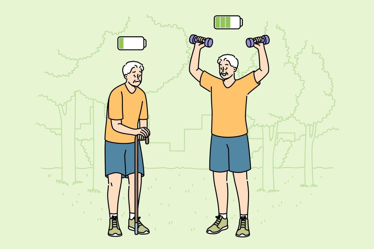 Elderly man plays sports in park and feels presence of energy, standing next to lethargic friend vector