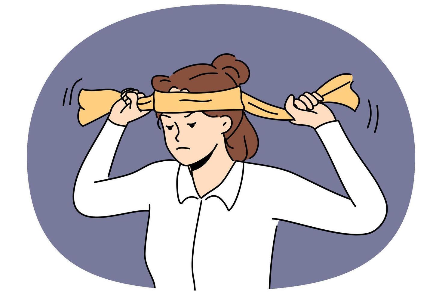 Tired woman puts on headband to complete task, demonstrate readiness to deal with business problems vector