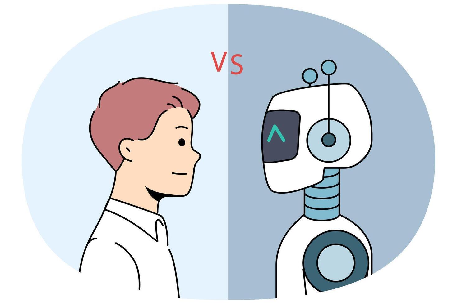 Man competes with robot, not wanting to be left without job due to introduction of AI technology vector