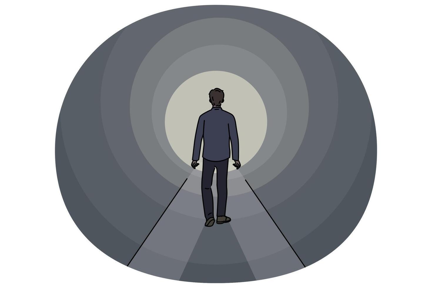 Man walks through tunnel towards exit, striving to achieve success and get out problematic situation vector