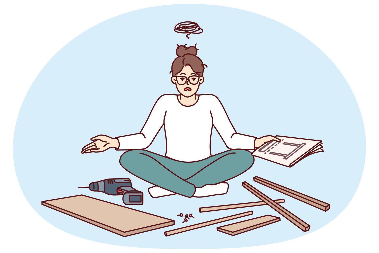 Embarrassed woman tries to assemble furniture by herself and gets frustrated after read instructions vector