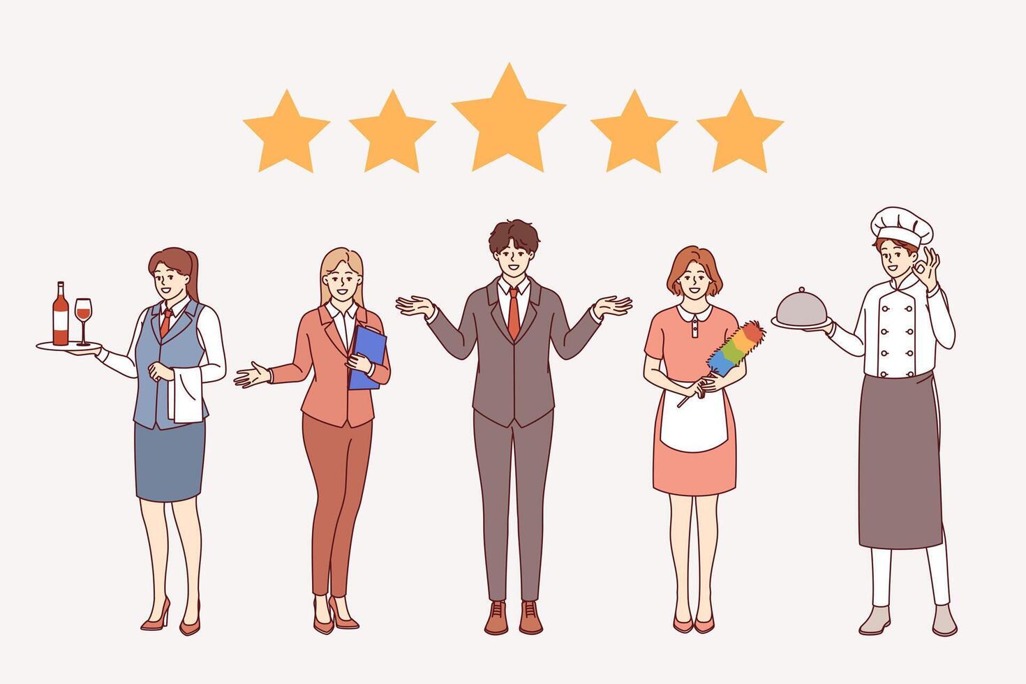 Hotel team stands behind five stars, inviting guests to book room and promising perfect service vector