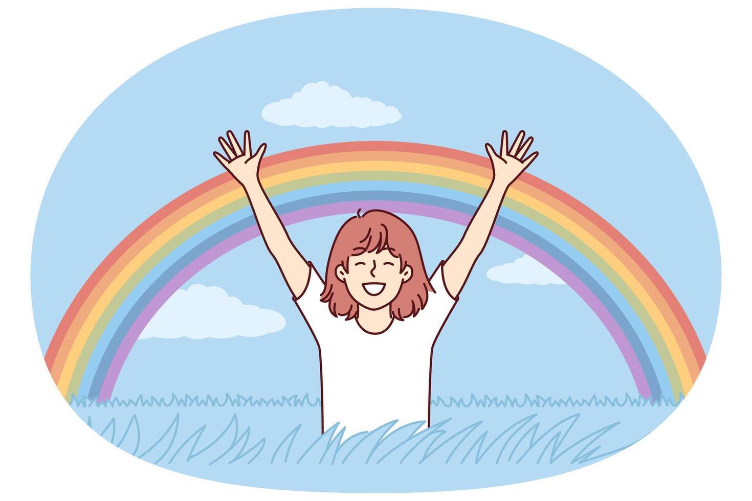 Happy girl rejoices at rainbow appeared in sky after rain, and runs across field with tall grass vector