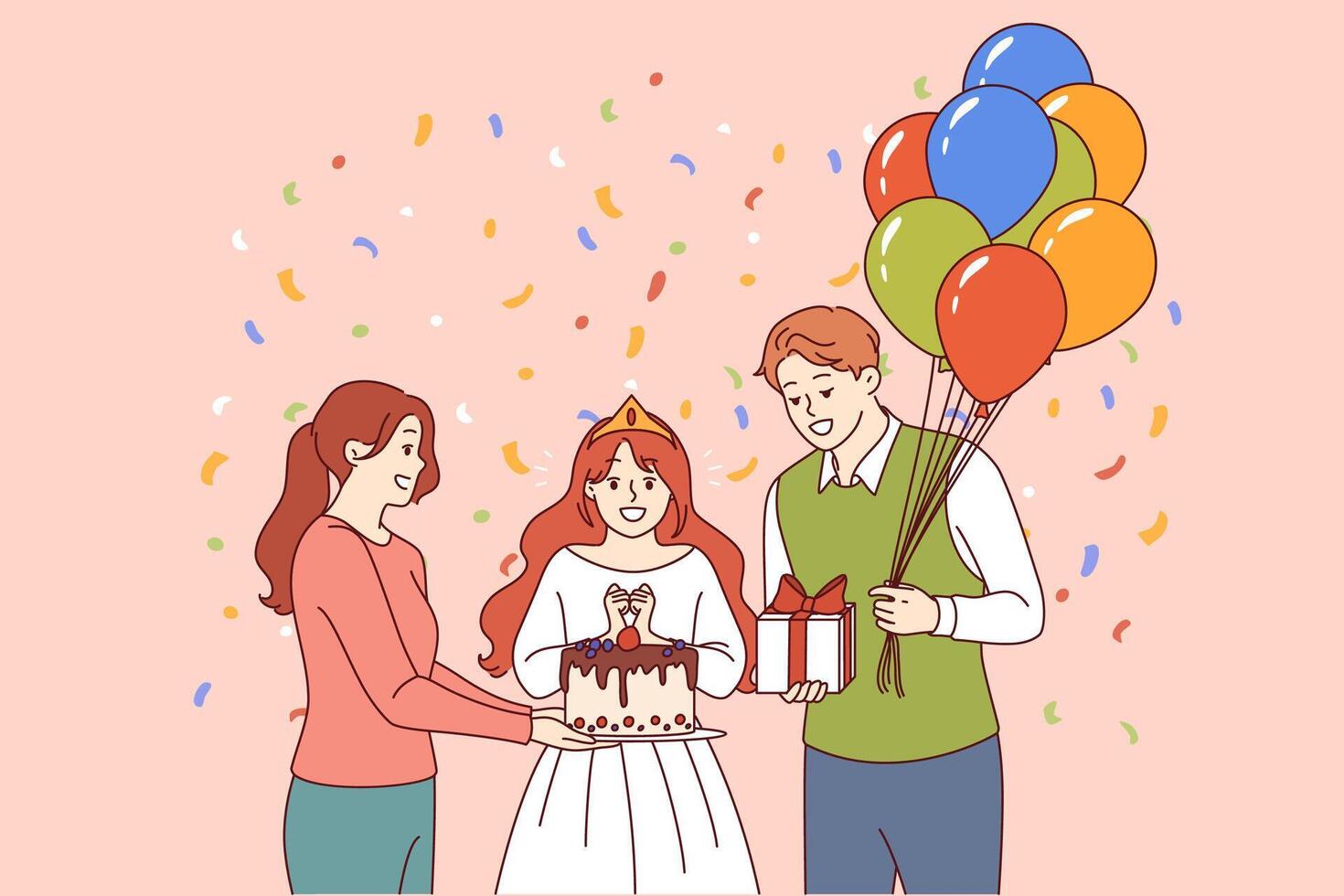 Birthday of little princess standing next to mom and dad holding cake and gift with balloons vector