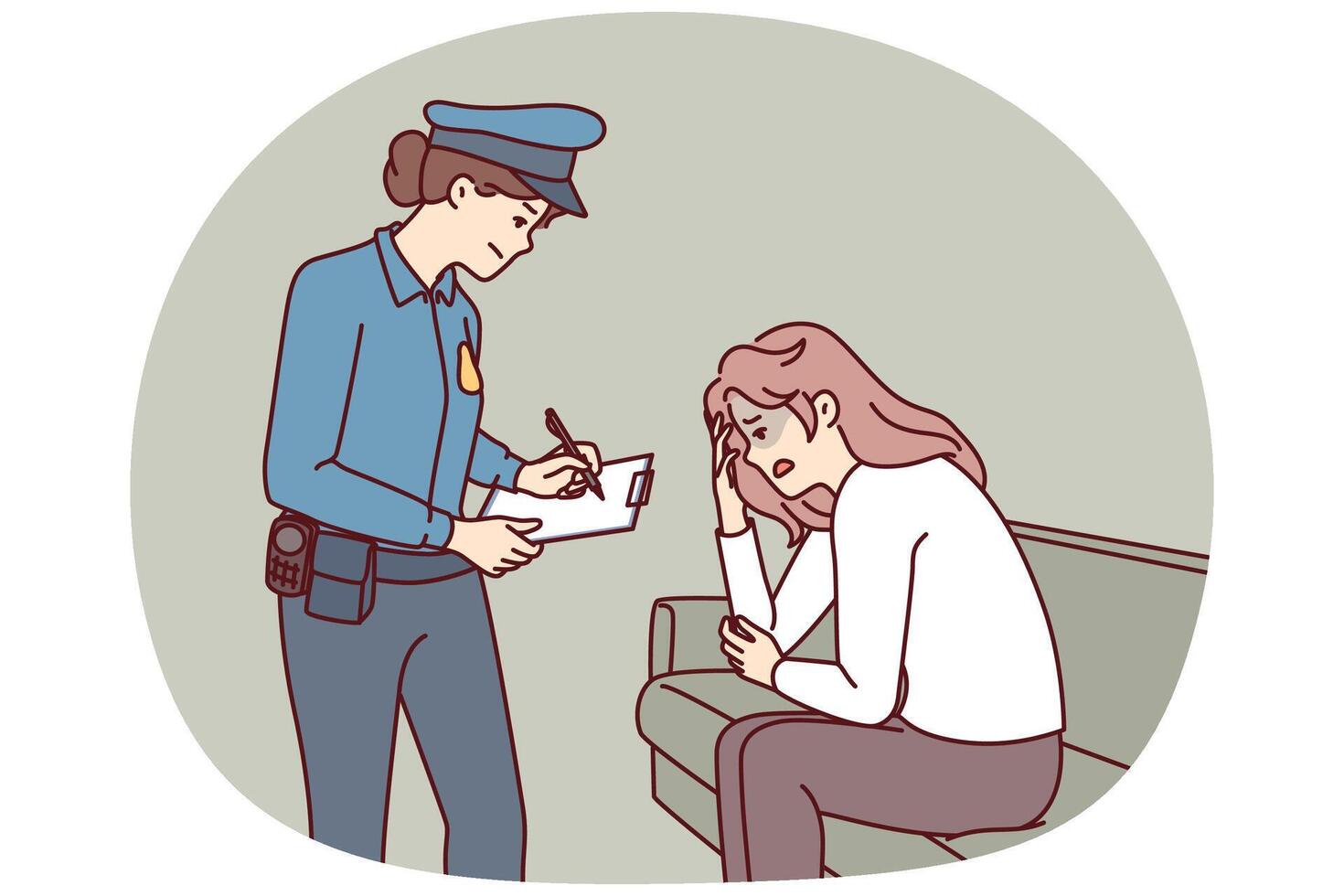 Woman police officer interrogates victim of robbery or attempted sexual assault to find perpetrator vector