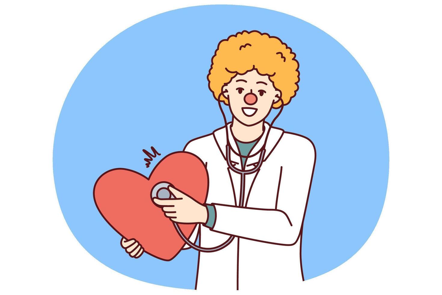 Doctor with clown haircut holds stethoscope and heart to congratulate children on red nose day vector