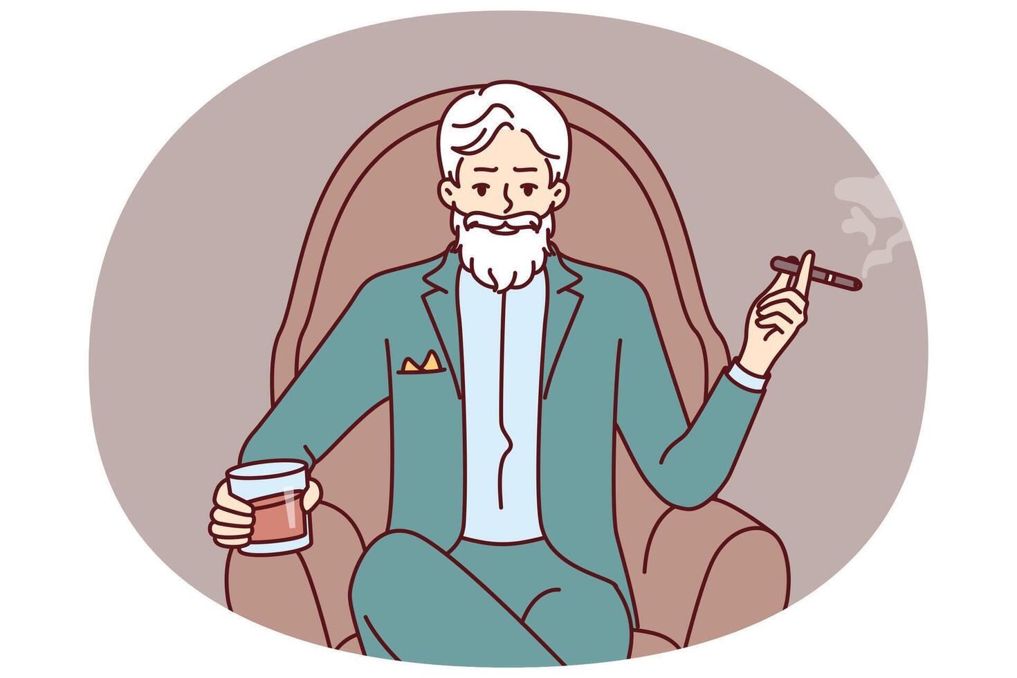 Elderly man aristocrat sits in armchair in expensive formal suit and drinks brandy with cigar vector